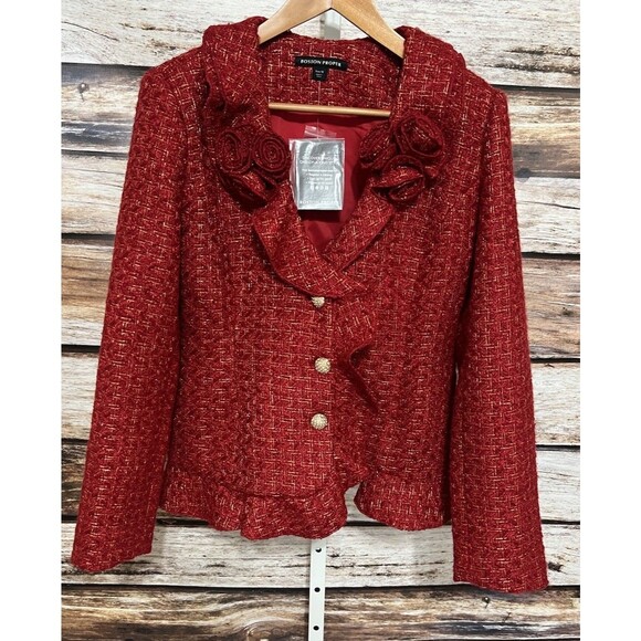 BOSTON PROPER Red TWEED BLAZER JACKET Size 12 New Ruffle Roses - Picture 1 of 9